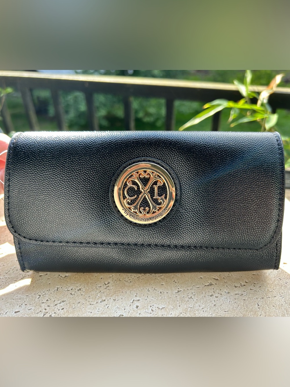 Christian‎ Lacroix Bali Caviar Black Leather Clutch Wristlet with Gold Logo